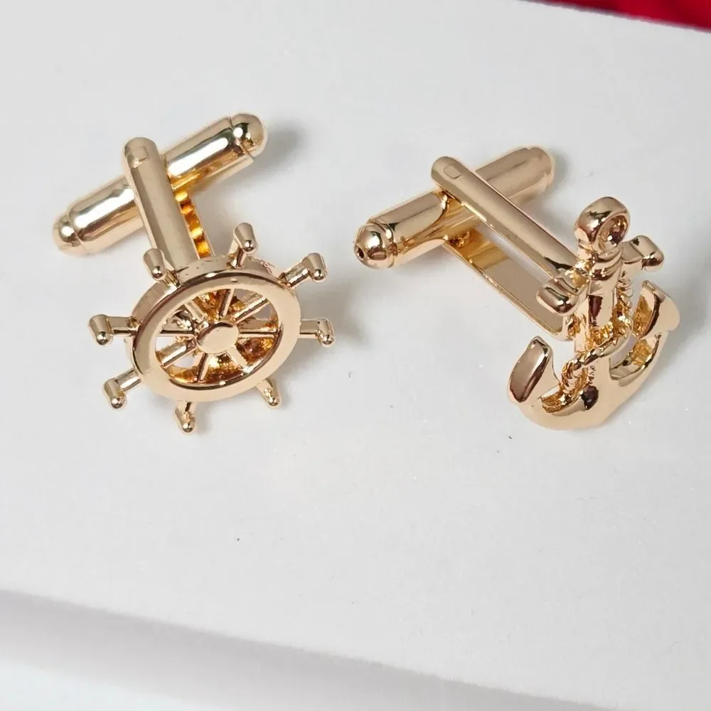 Nautical Anchor & Ship Wheel Cufflinks Gold Asymmetrical Maritime Sailor Gift